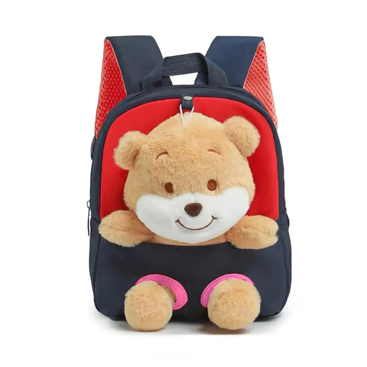 Una mini mochila de niños en colores azul oscuro y rojo con un oso de peluche