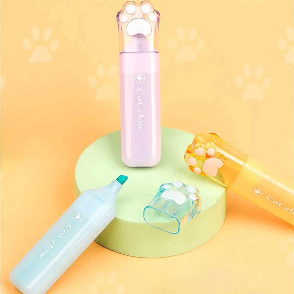 Set 3 Destacadores De Colores Pastel Huella Gato Kawaii