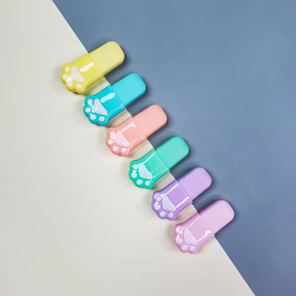 Set Destacadores 6 Colores Huella Gato Kawaii